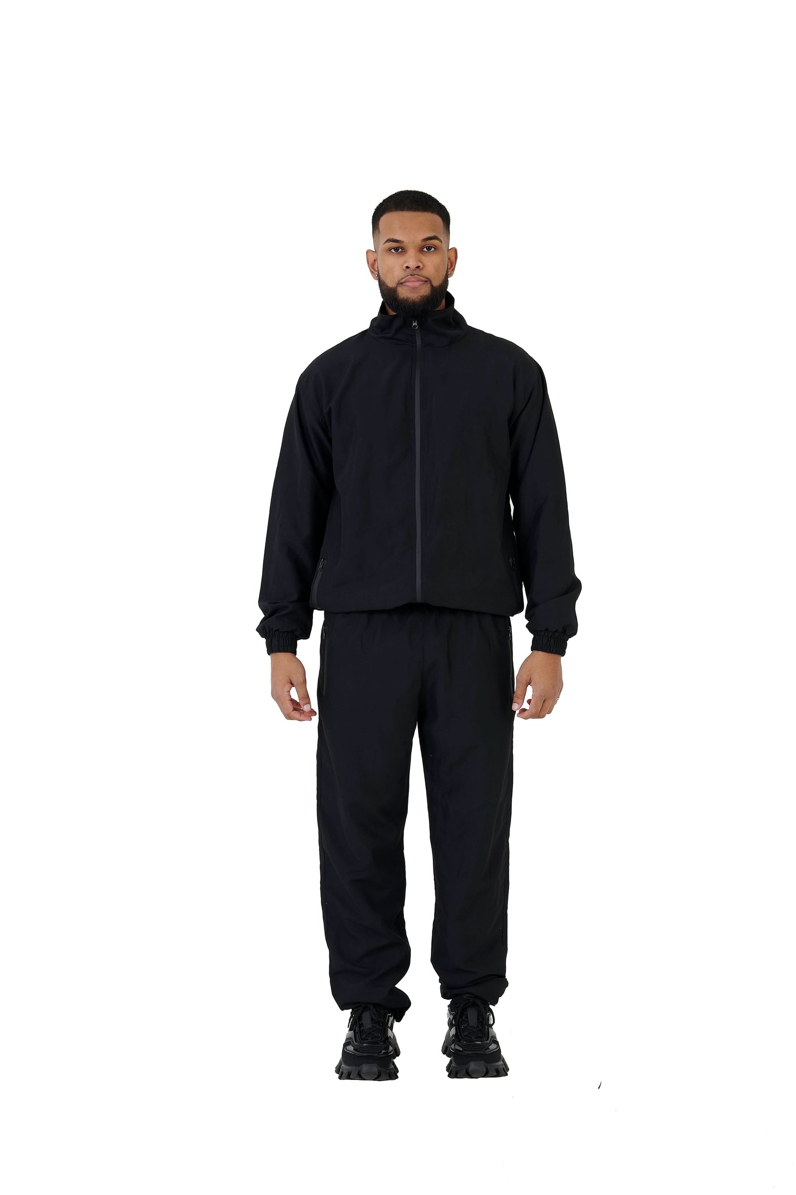 Wholesale Plain Black Over Sized Nylon Jacket and Black Over Sized Nylon Jogging Bottoms