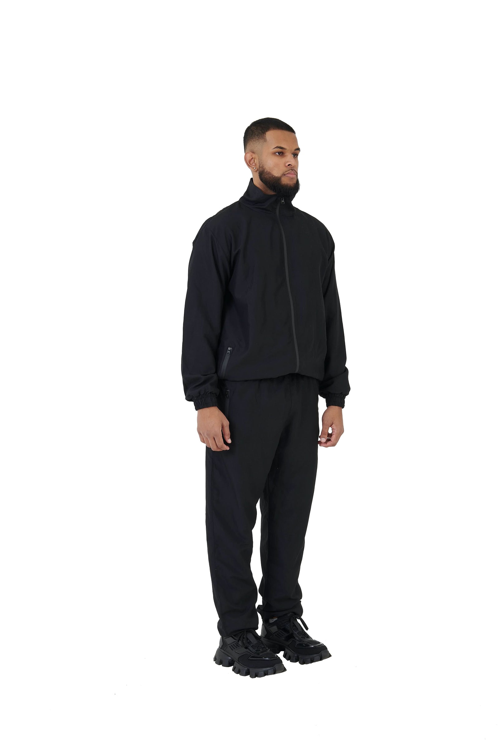 Wholesale Plain Black Over Sized Nylon Jacket and Black Over Sized Nylon Jogging Bottoms