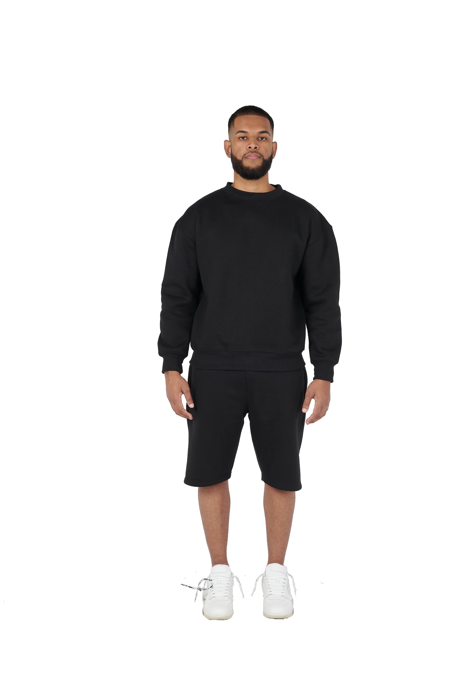 Wholesale Plain Black Over Sized Sweatshirt and Black Over Sized Shorts.