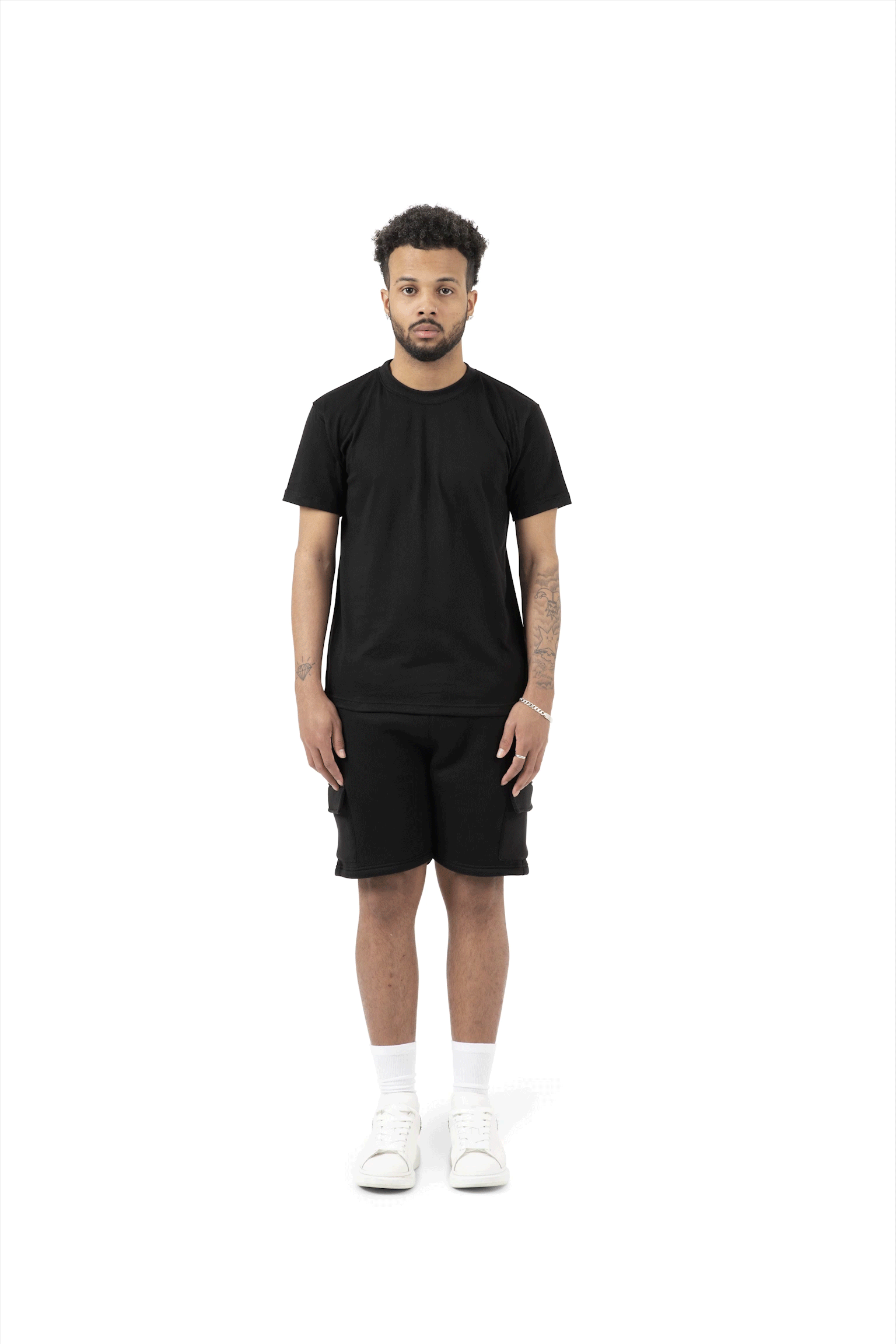Wholesale Plain Black  Slim Relaxed T-shirt and Black Cargo Shorts