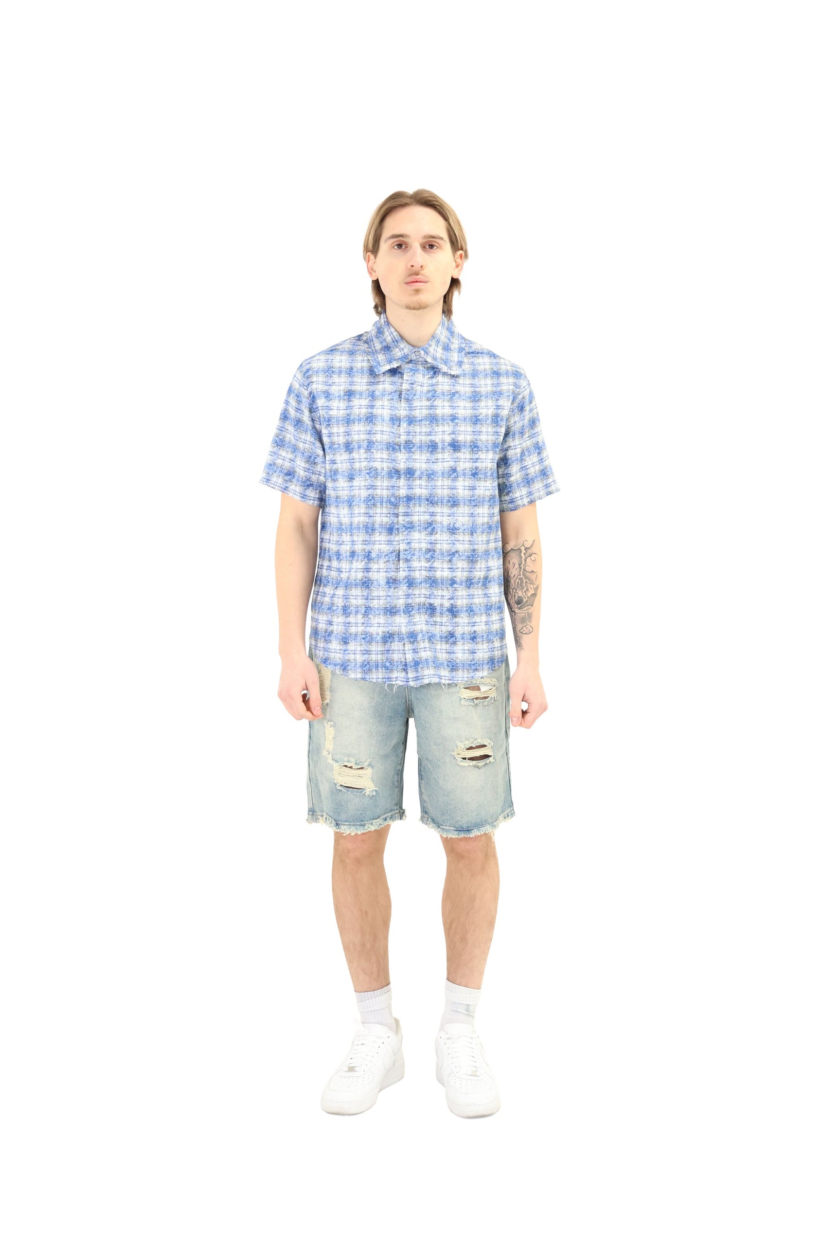 Short Sleeve Cropped Fit Checkered Shirt Blue 1