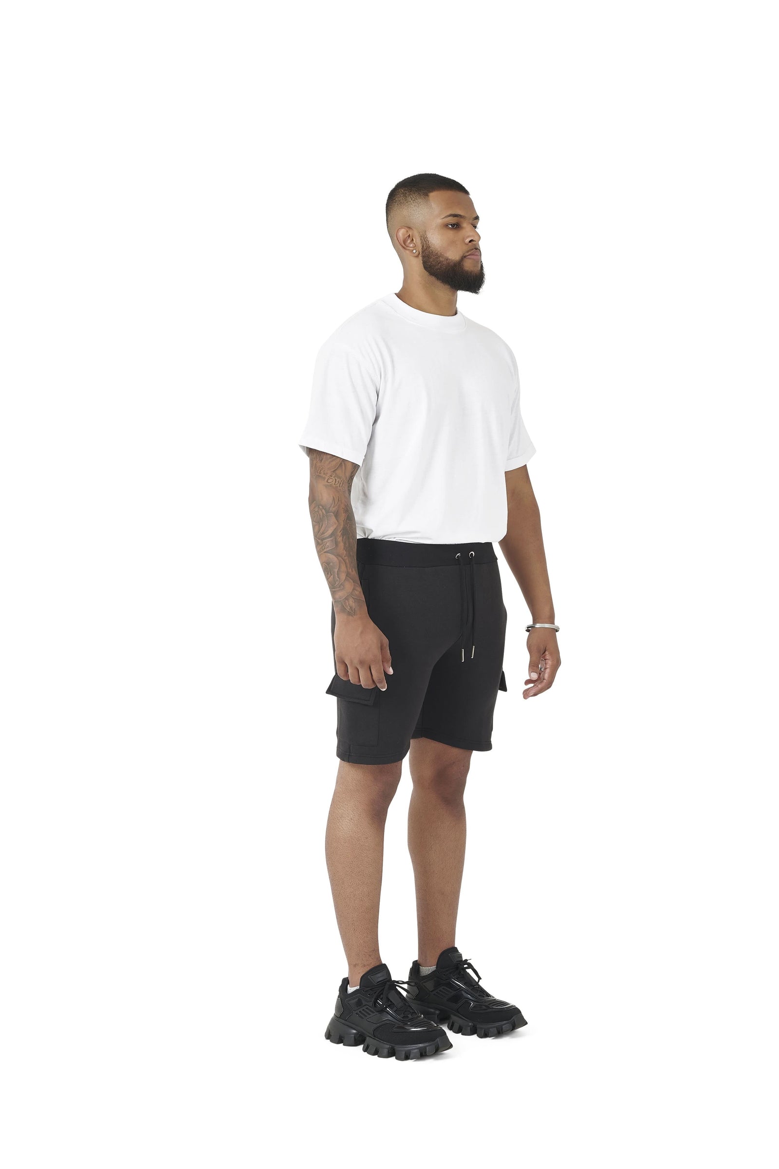 Wholesale Plain White Oversized T-shirt and Plain Black Cargo Slim Fit Shorts