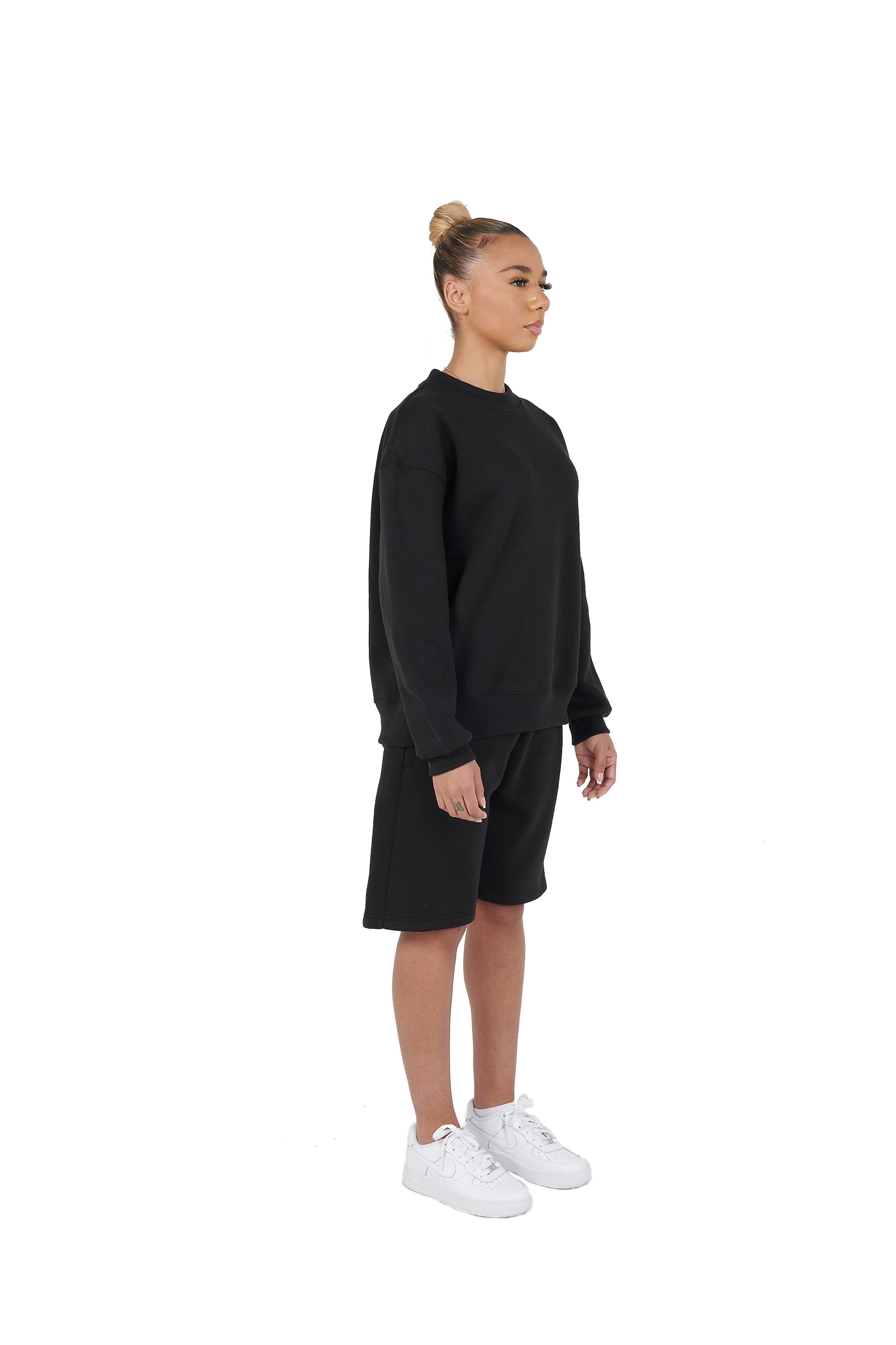 Wholesale Plain Black Over Sized Sweatshirt and Black Over Sized Shorts.