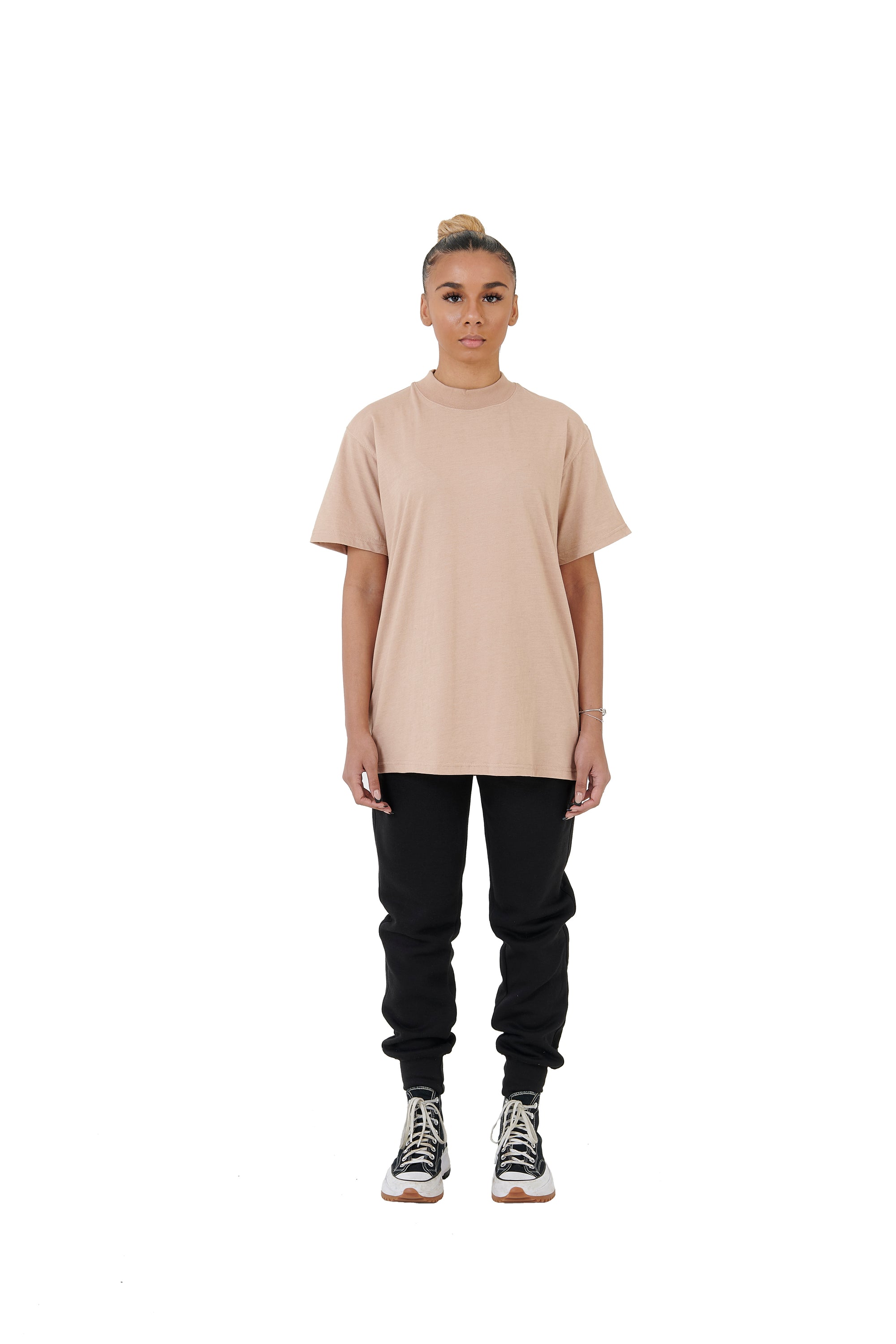 Wholesale Plain Beige Oversized T-shirt and Oversized Plain Black Jogging Bottoms