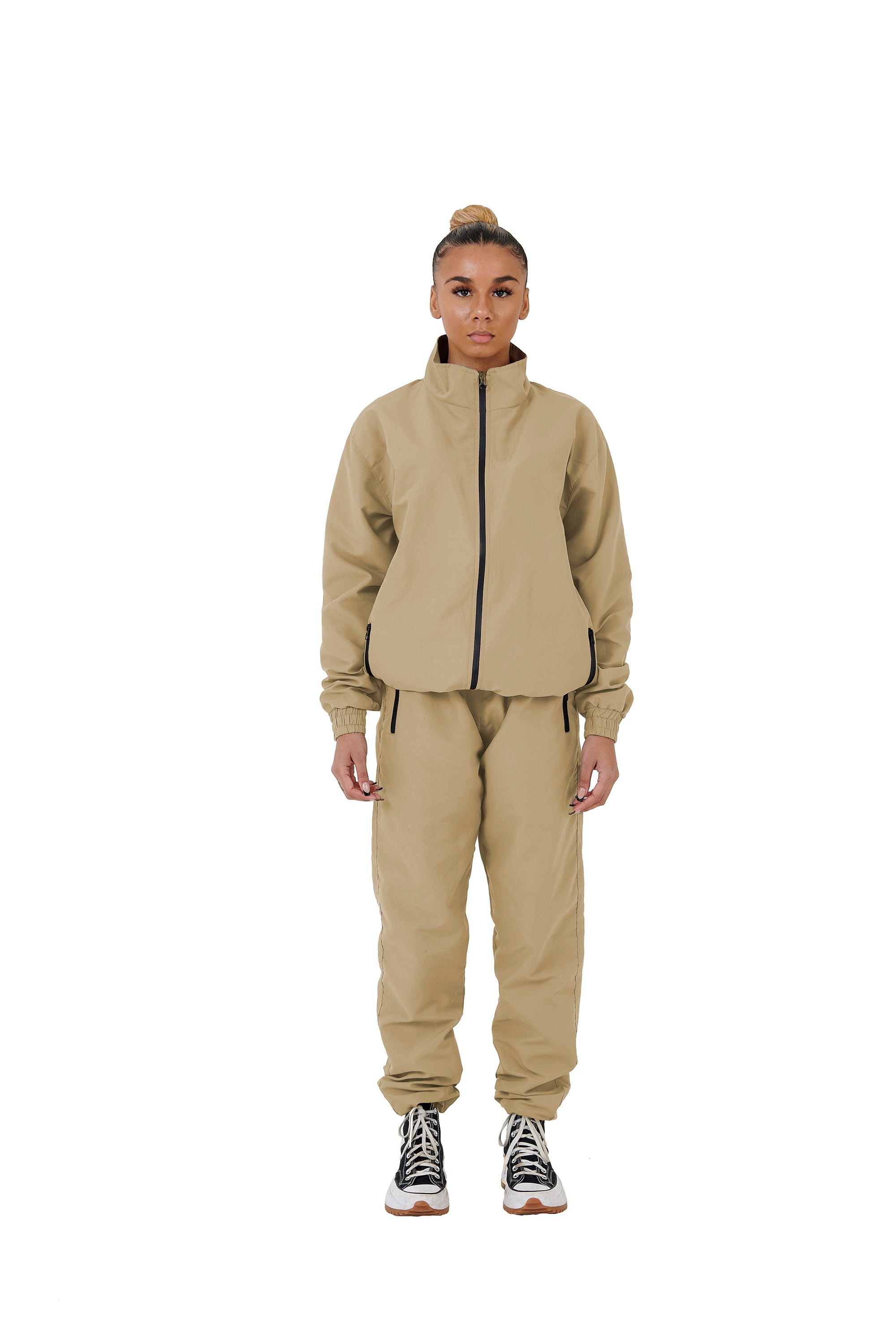 Wholesale Plain Beige Over Sized Nylon Jacket and Beige Over Sized Nylon Jogging Bottoms