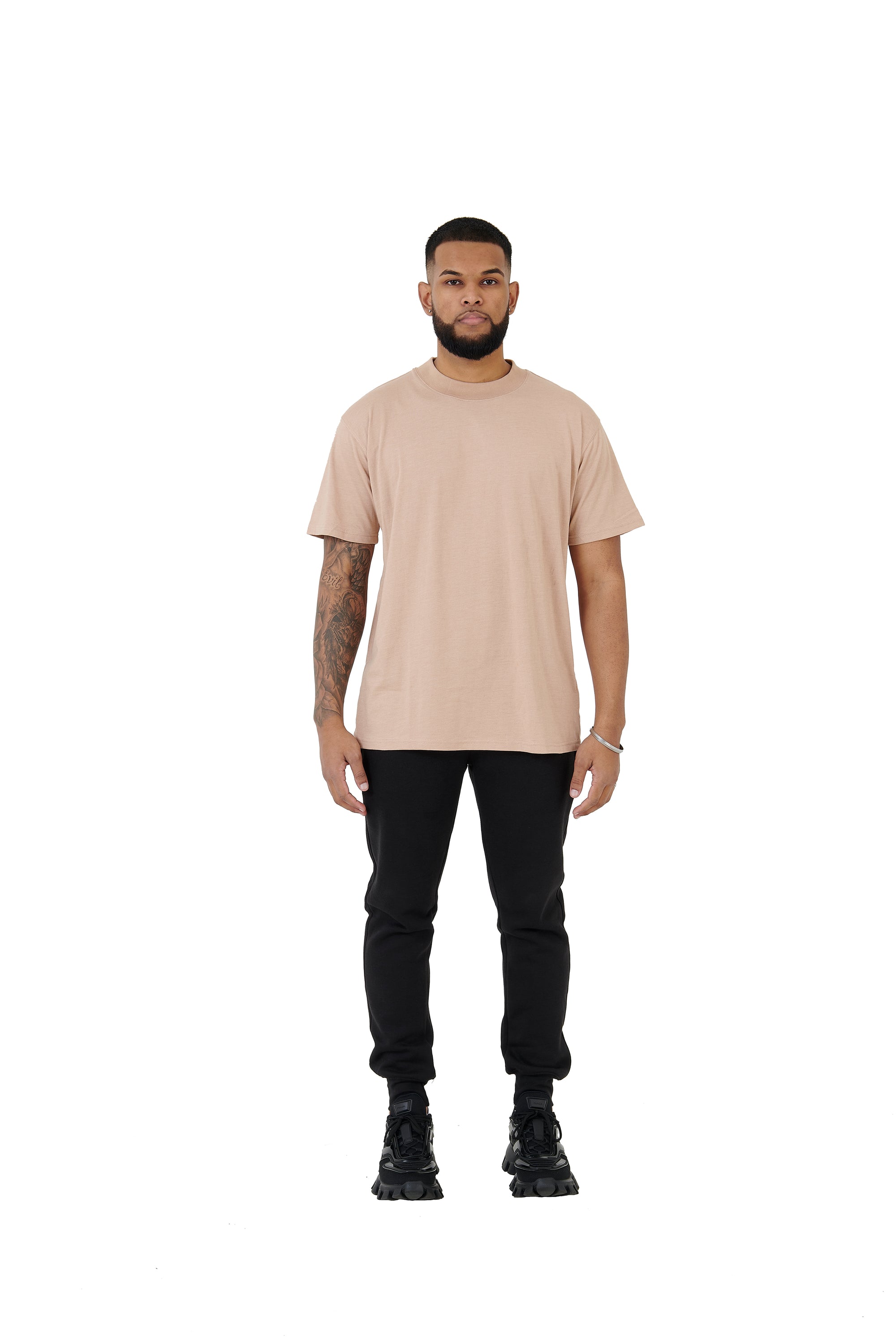 Wholesale Plain Beige Oversized T-shirt and Oversized Plain Black Jogging Bottoms