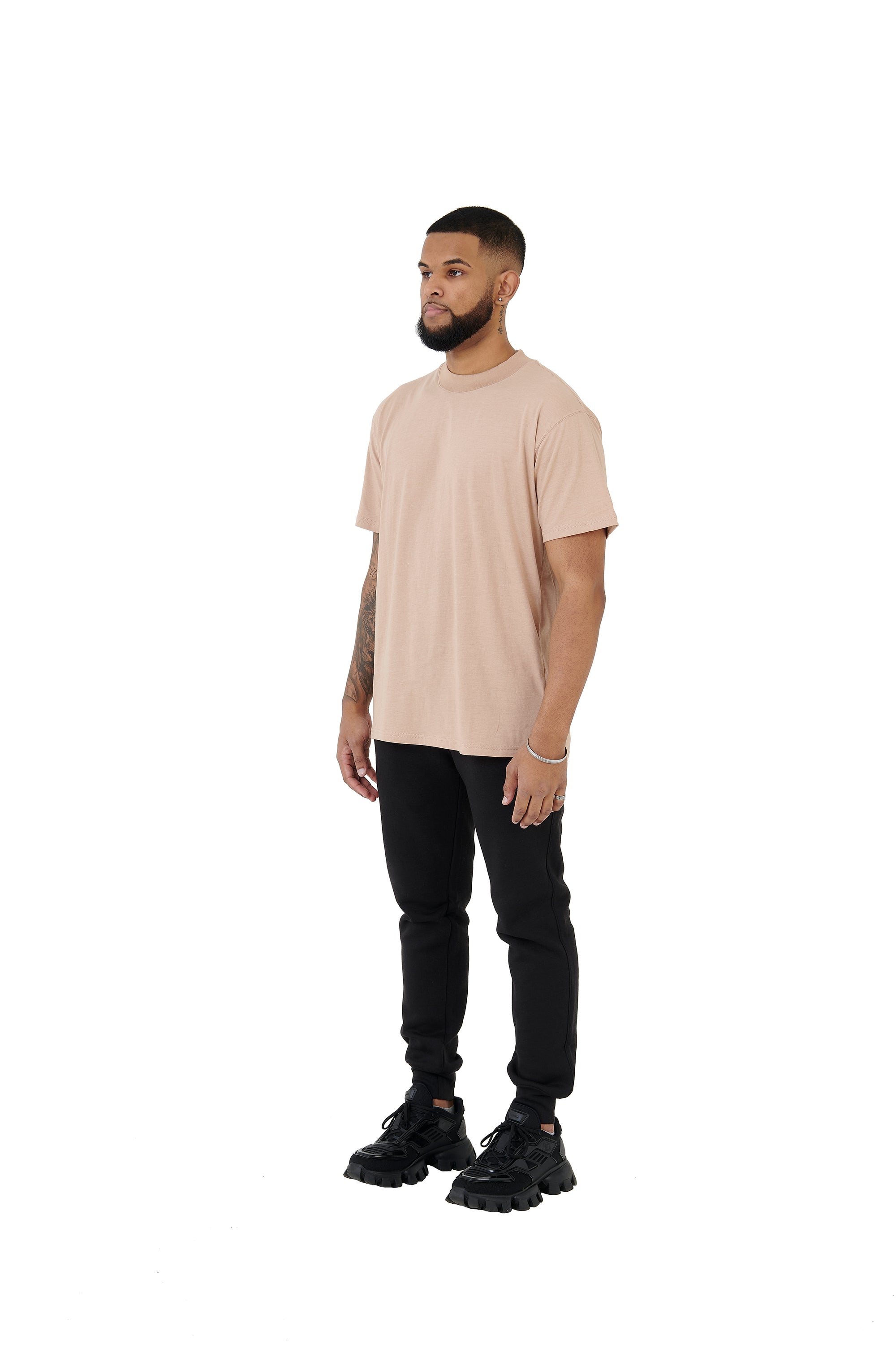 Wholesale Plain Beige Oversized T-shirt and Oversized Plain Black Jogging Bottoms