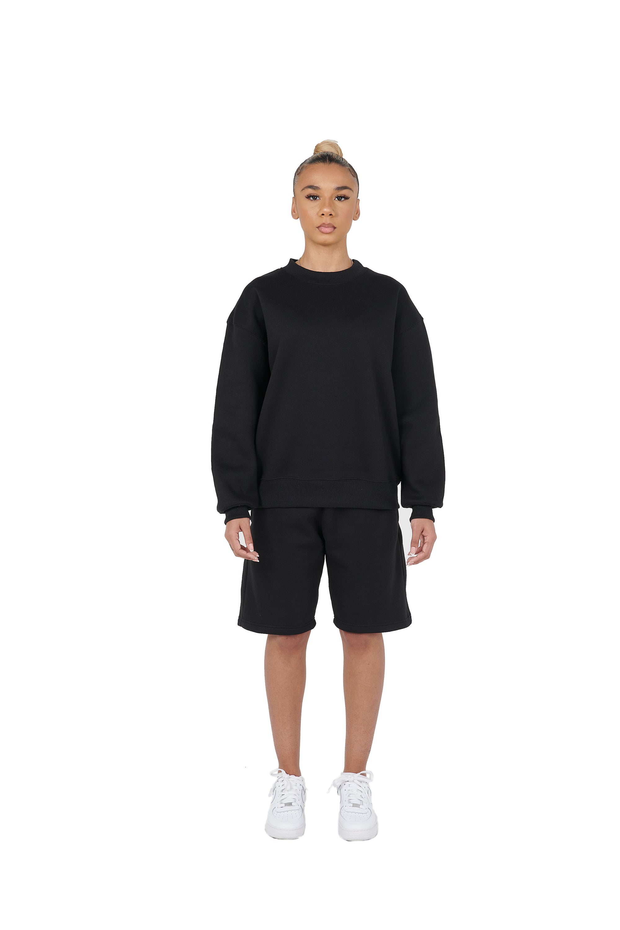 Wholesale Plain Black Over Sized Sweatshirt and Black Over Sized Shorts.