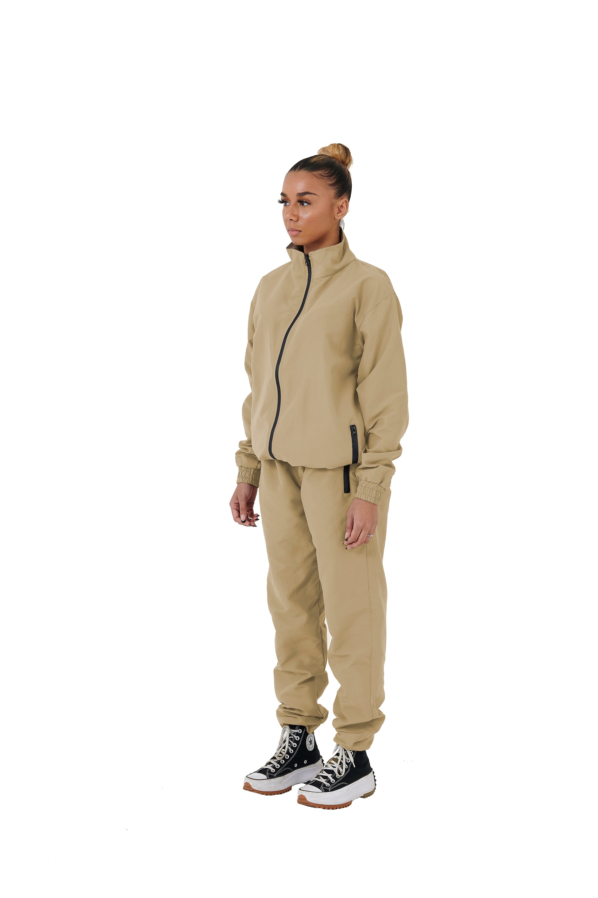 Wholesale Plain Beige Over Sized Nylon Jacket and Beige Over Sized Nylon Jogging Bottoms