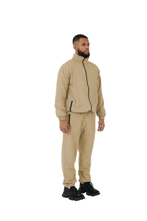 Wholesale Plain Beige Over Sized Nylon Jacket and Beige Over Sized Nylon Jogging Bottoms