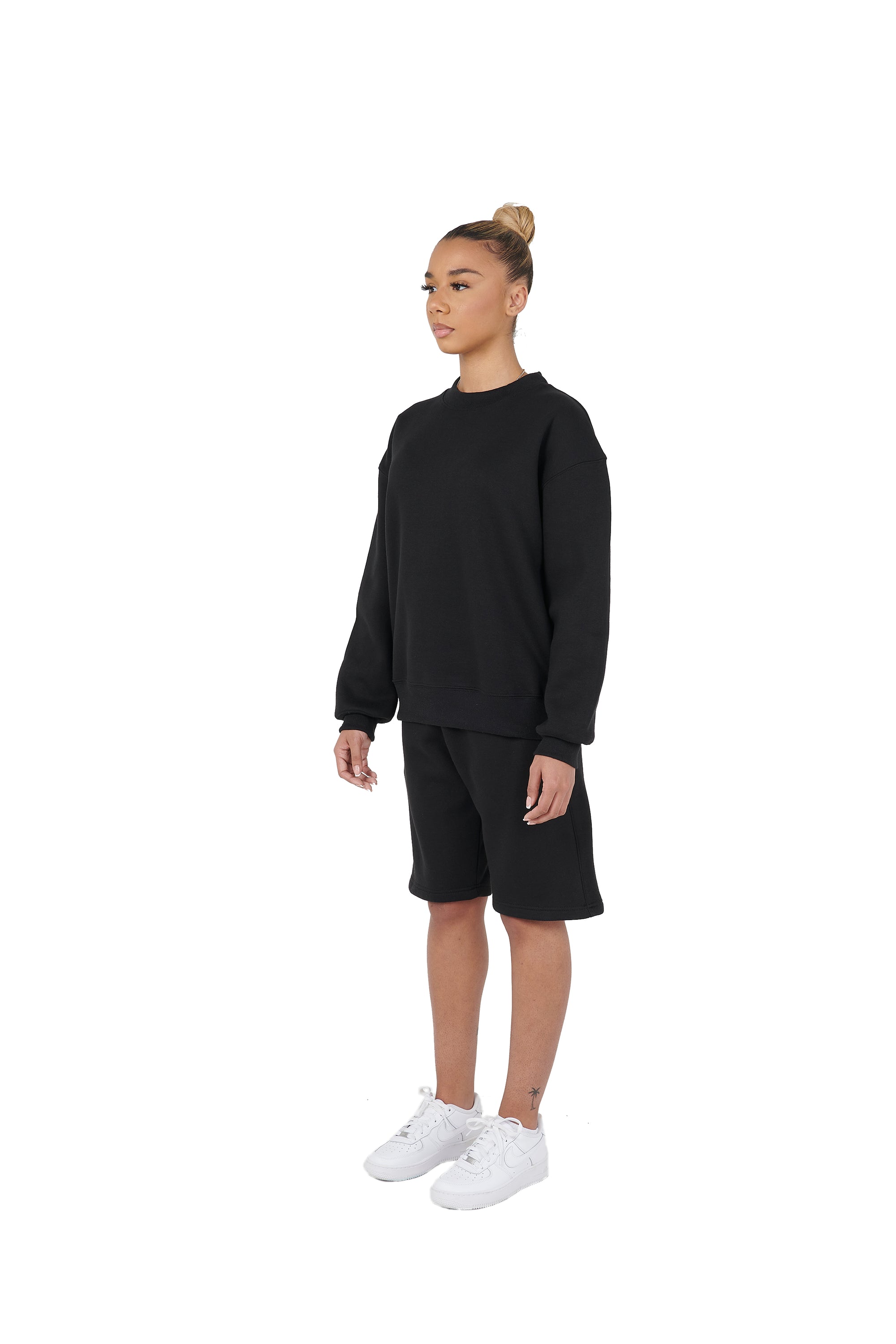 Wholesale Plain Black Over Sized Sweatshirt and Black Over Sized Shorts.