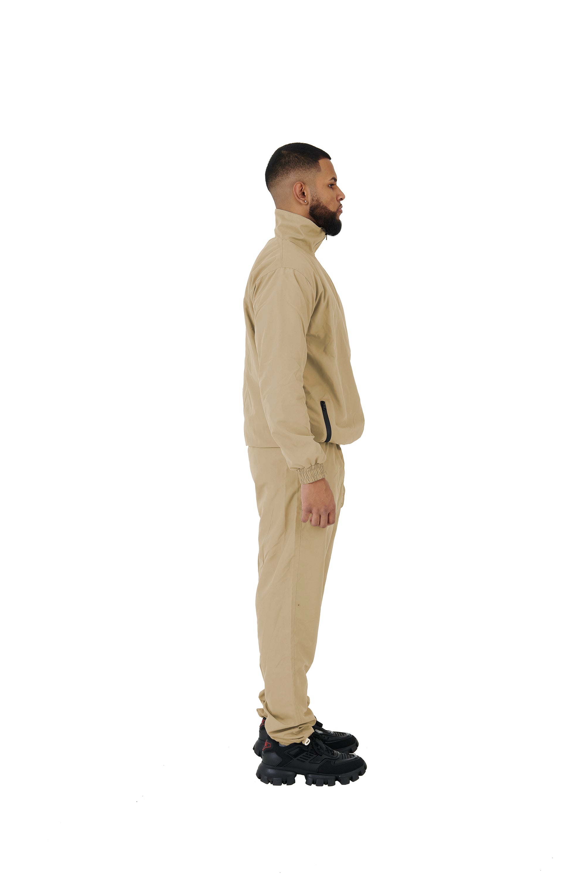 Wholesale Plain Beige Over Sized Nylon Jacket and Beige Over Sized Nylon Jogging Bottoms