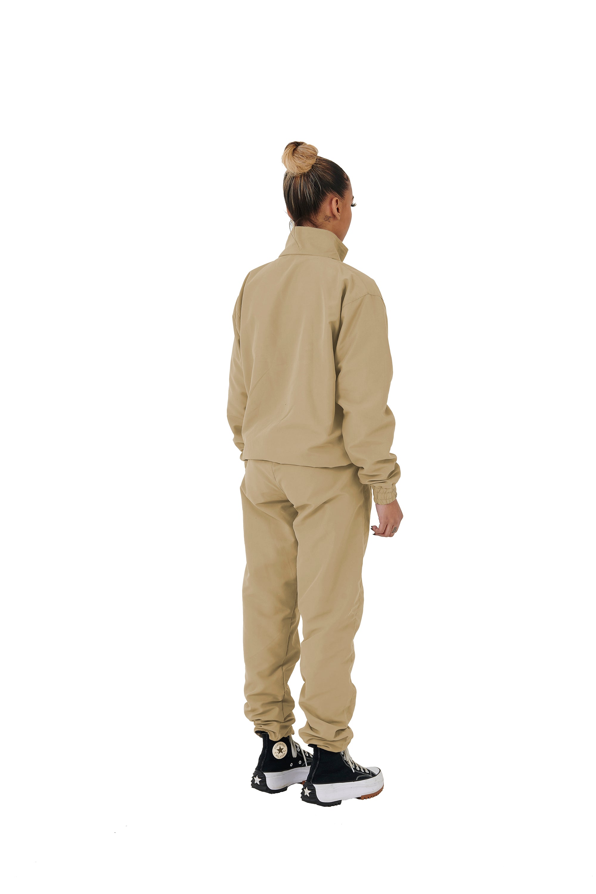 Wholesale Plain Beige Over Sized Nylon Jacket and Beige Over Sized Nylon Jogging Bottoms