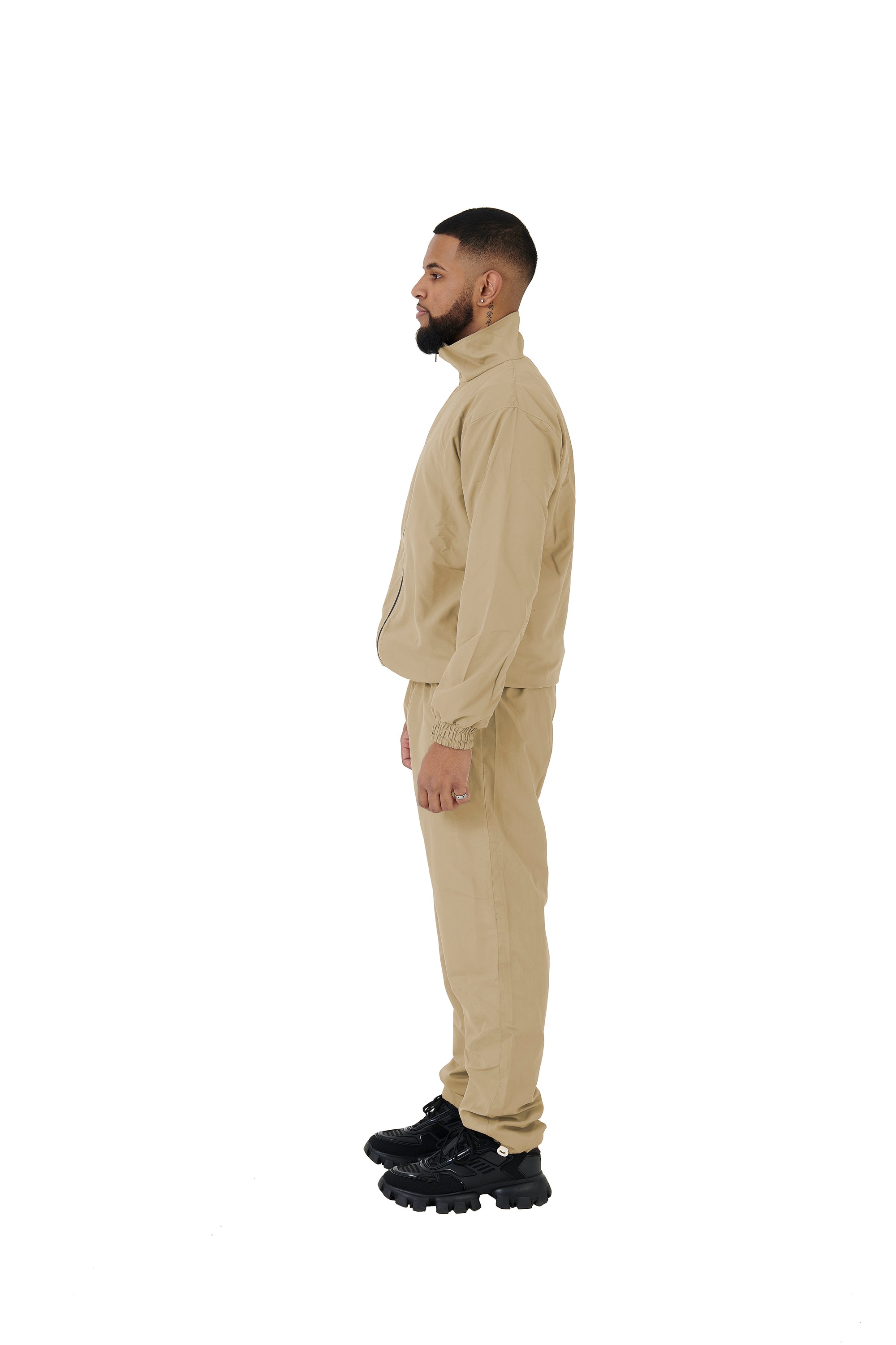 Wholesale Plain Beige Over Sized Nylon Jacket and Beige Over Sized Nylon Jogging Bottoms