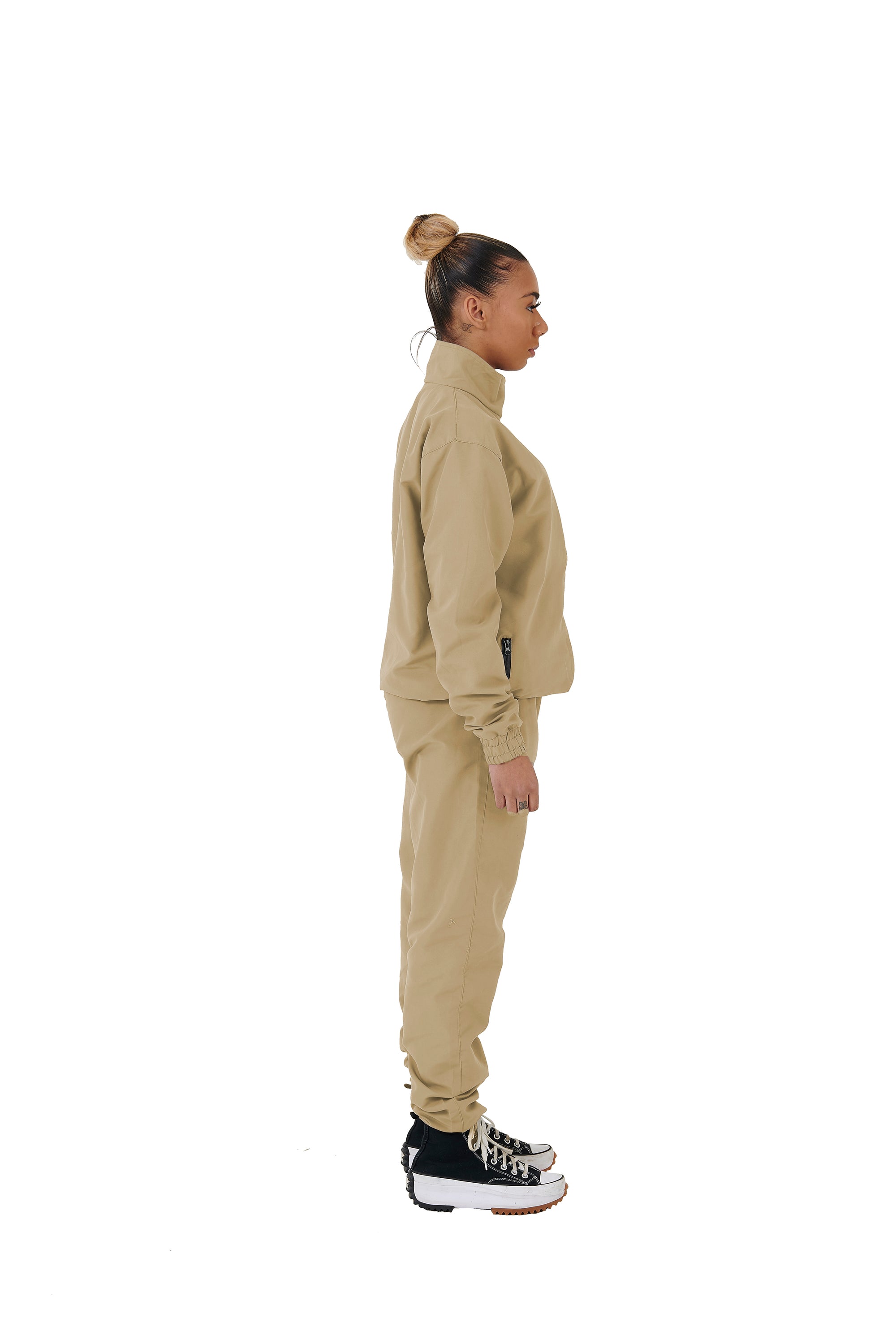 Wholesale Plain Beige Over Sized Nylon Jacket and Beige Over Sized Nylon Jogging Bottoms