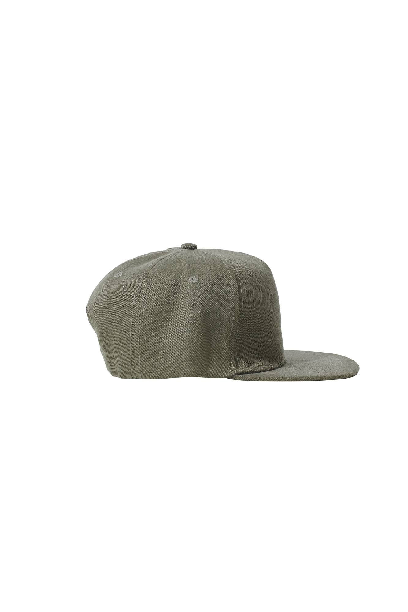 The Flat Peak Snap Back features visible stitching and adjustable back is available at wholesale prices 