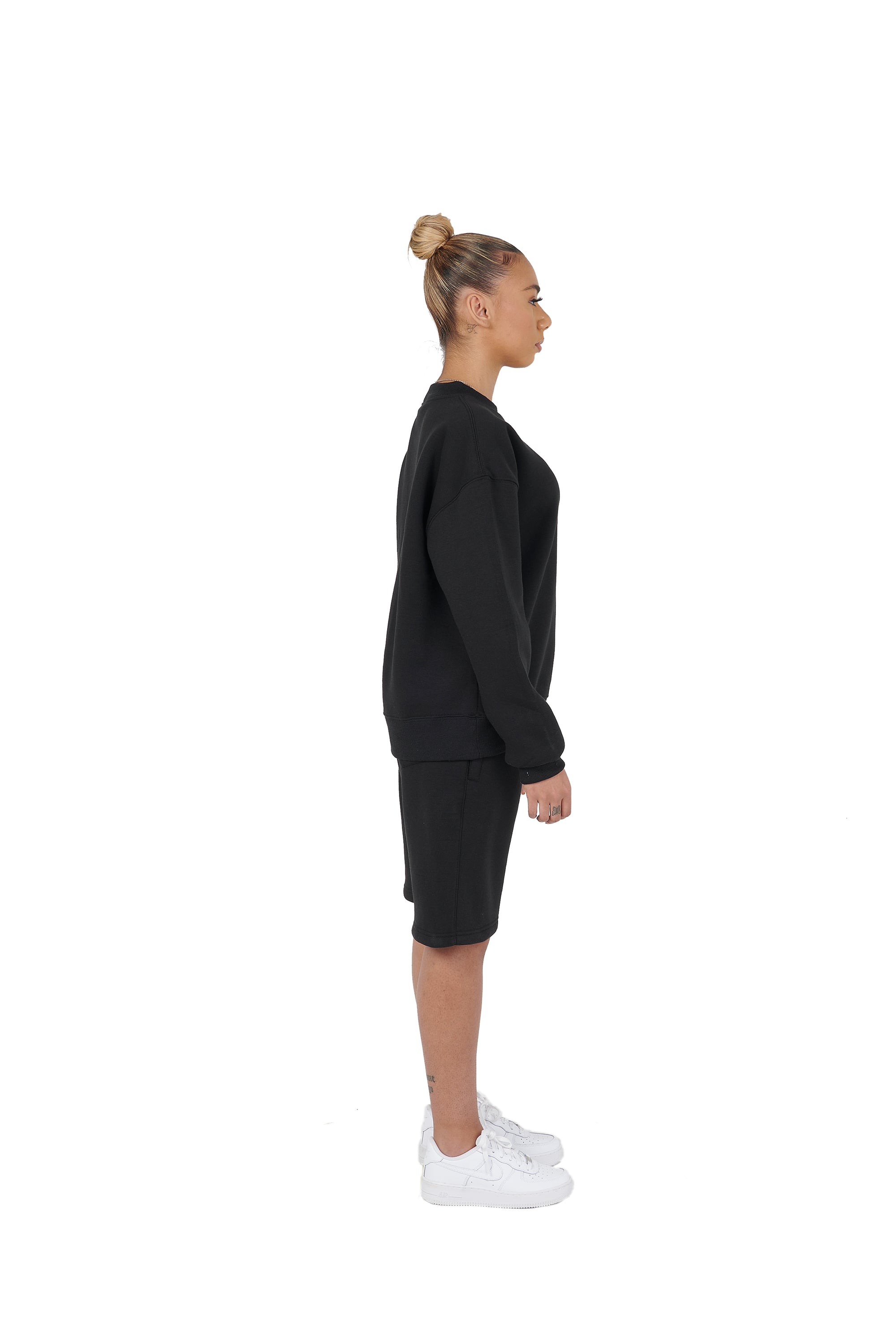 Wholesale Plain Black Over Sized Sweatshirt and Black Over Sized Shorts.