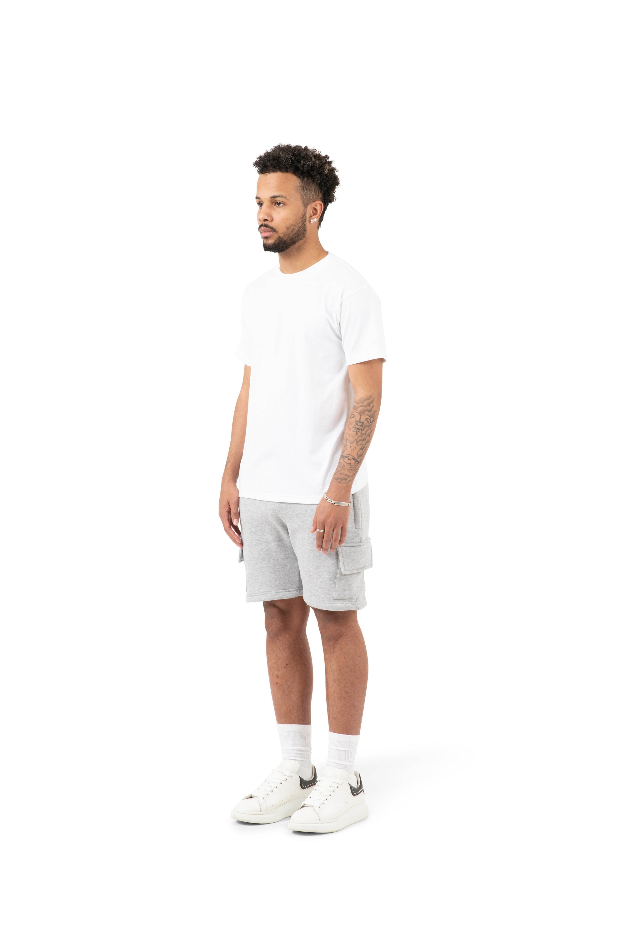 Wholesale Plain Slim Relaxed White T-shirt and Grey Cargo Shorts