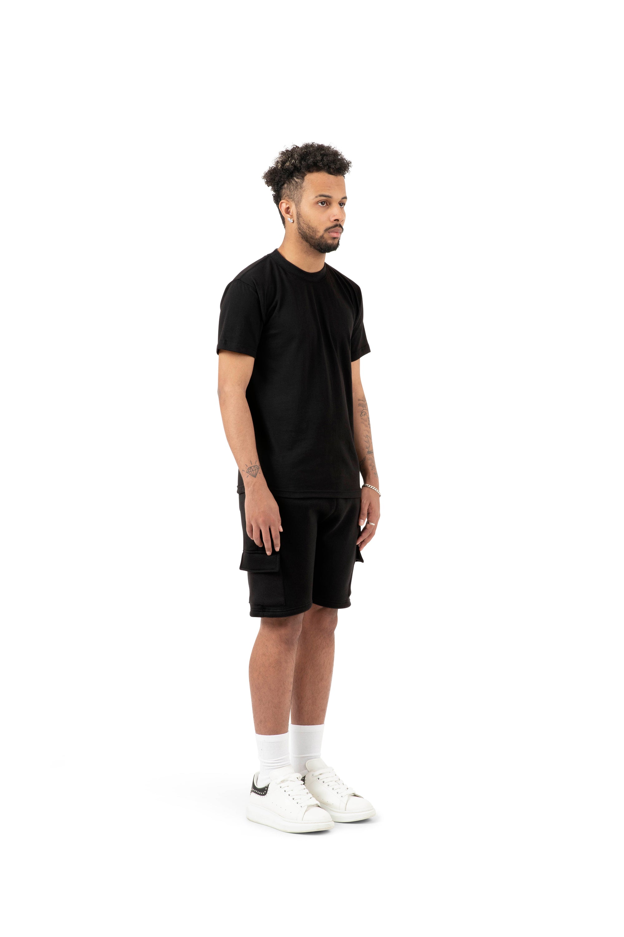 Wholesale Plain Black  Slim Relaxed T-shirt and Black Cargo Shorts