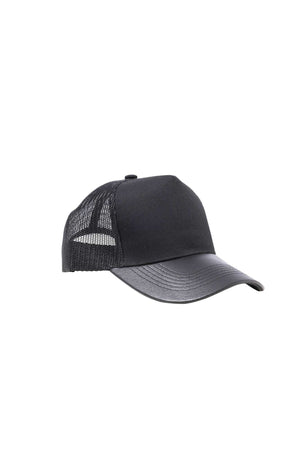 Caps at wholesale prices with mesh & leather peaks and visible stitching.