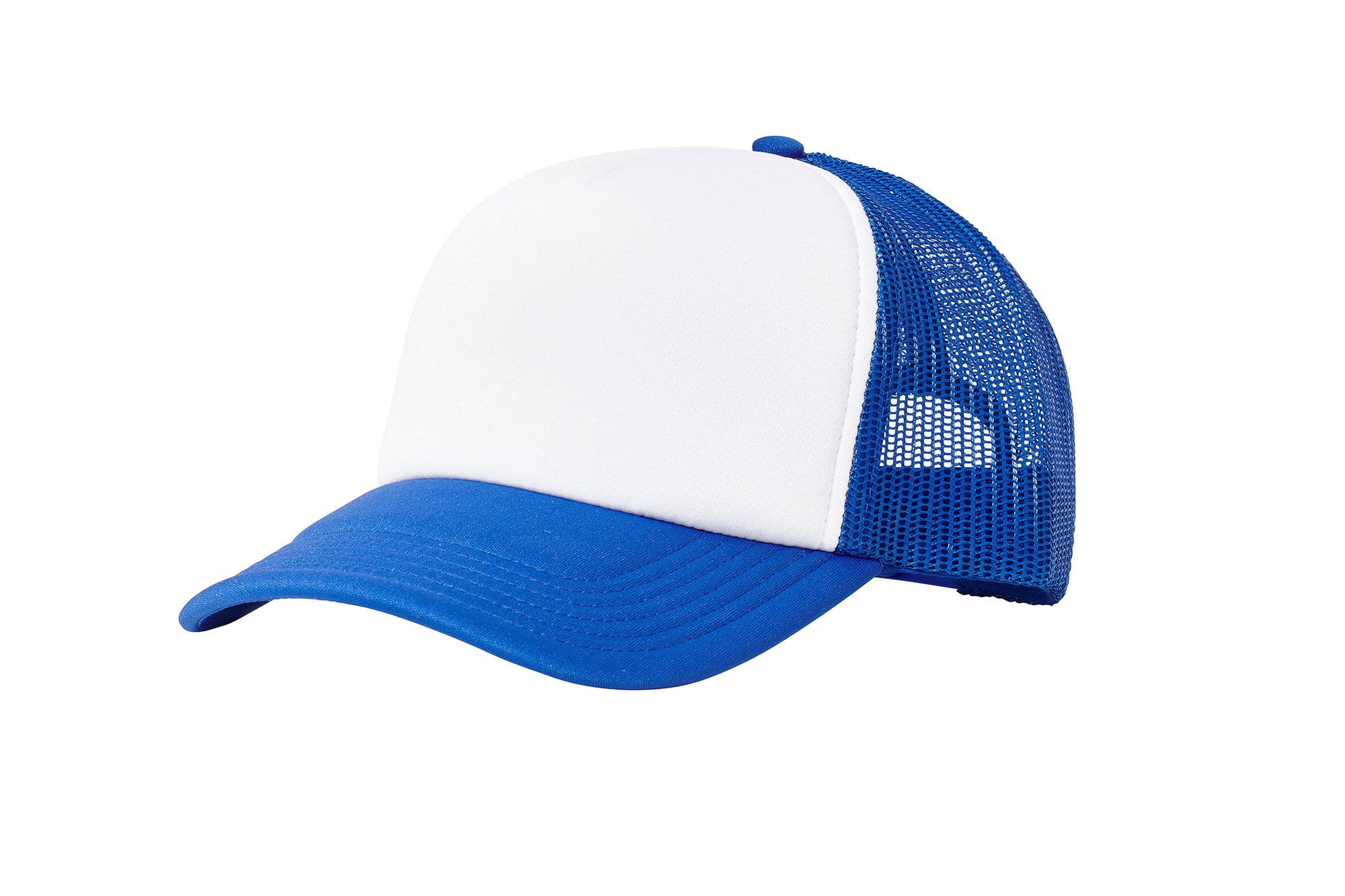 Wholesale Plain White and Royal Blue Foam Mesh Snap Back Cap