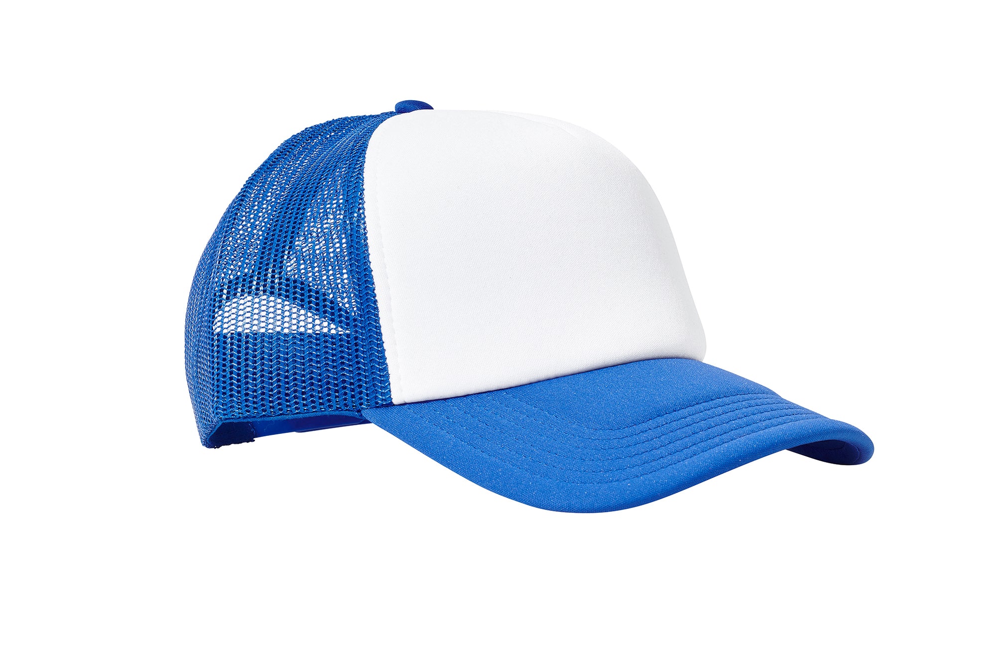 Wholesale Plain White and Royal Blue Foam Mesh Snap Back Cap